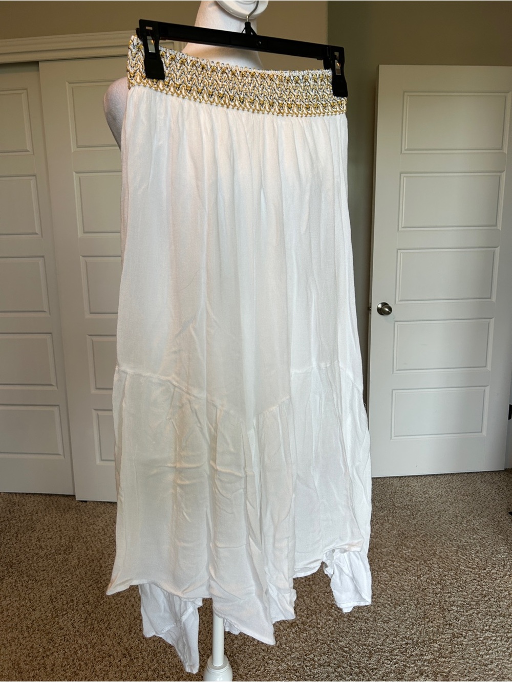 Gypsieblu White Fairy Asymmetrical Hem Midi Skirt Smocked Gold Waist Size Small